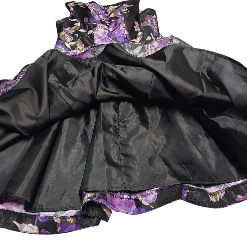 DB Established 1962 Size 4 Purple Floral Black Satin Sleeveless Flare Dress NWT - Picture 6 of 10